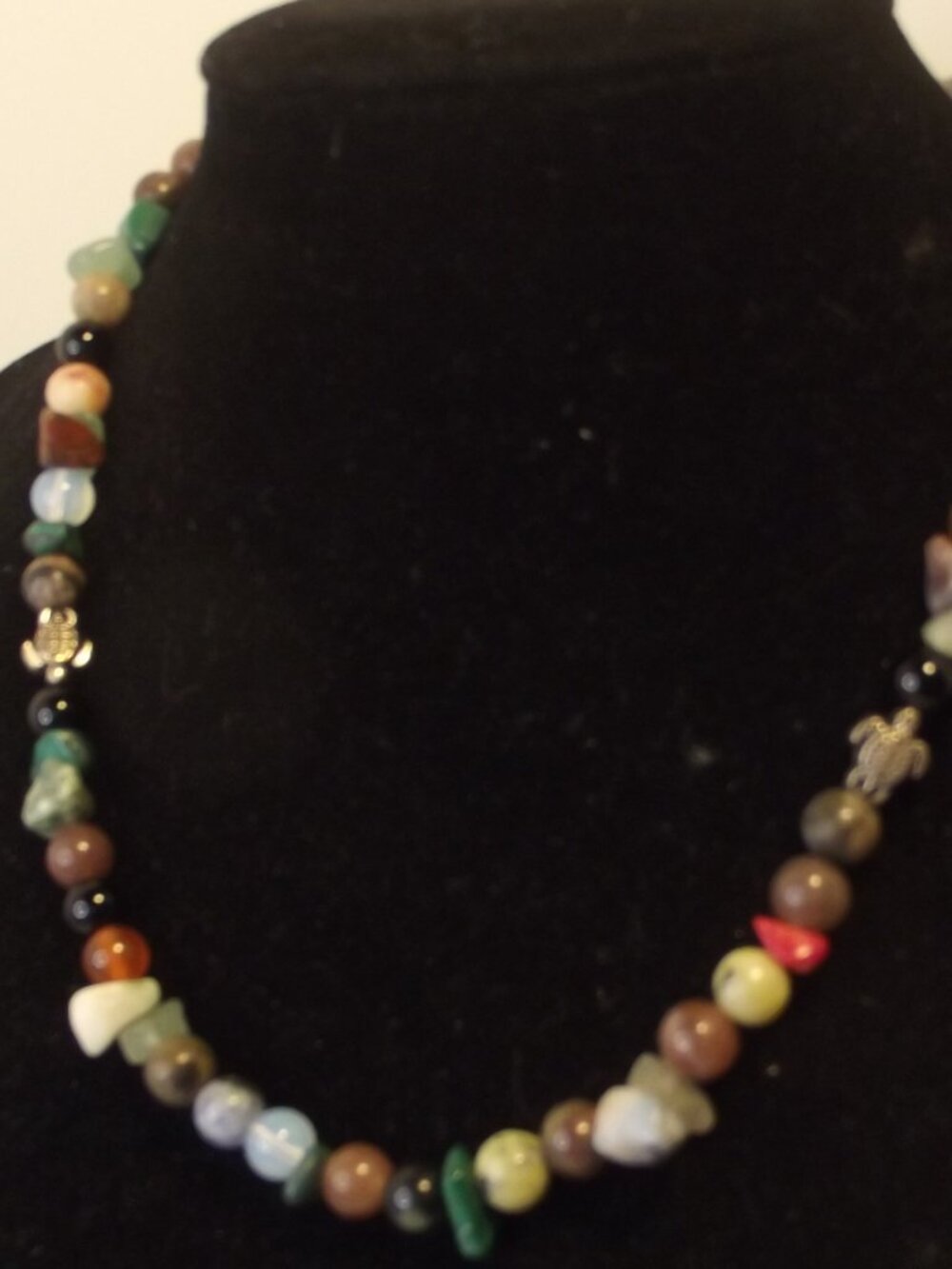 Genuine Gemstone Choker Necklace with Silver Tone Sea Turtle Charms